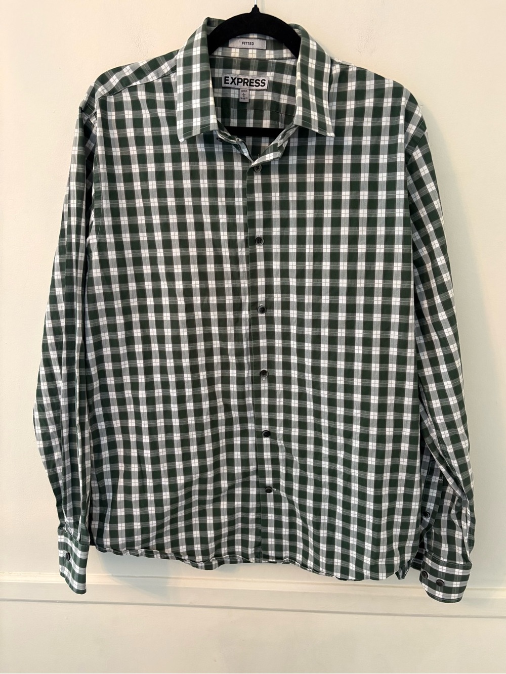 Express Men’s Dress Shirt Plaid Green/gray Long Sleeve Fitted Sz L (16-16 1/2)